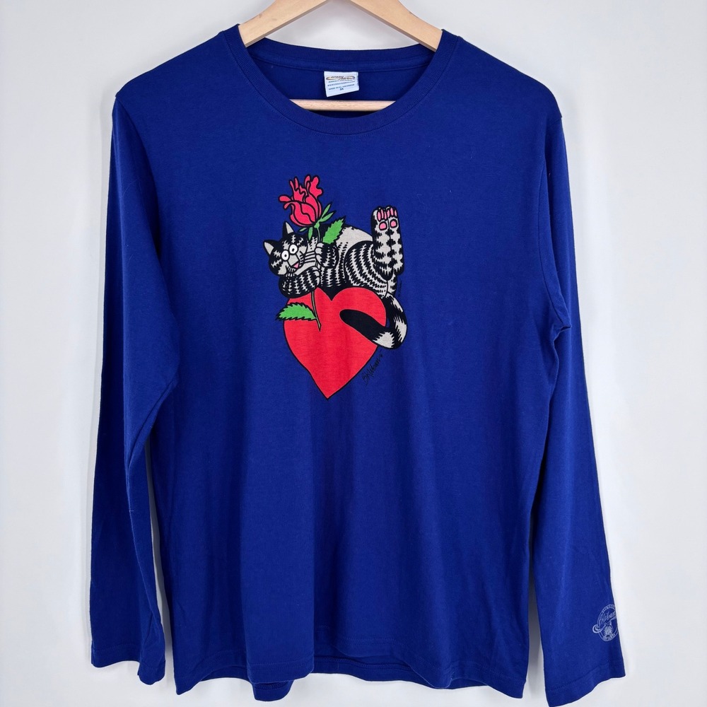 B Kliban Cat Crazy Shirts Hawaii Long Sleeve Shirt Womens M Blue Heart Rose
